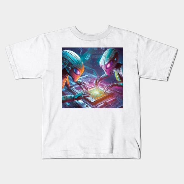 Aliens Repairing their Spaceship Kids T-Shirt by Rosey Elisabeth